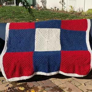 Afghan Red, White and Blue 62” Sq Queen Size New Handcrafted